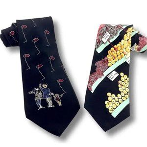 Vtg 100% Silk Necktie Lot of 2 - Jolene Jensen Balloon & Nicole Miller Farmstand